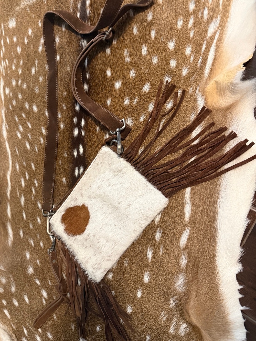 Shyanne White Hair-on-Hide Crossbody with Brown Fringe